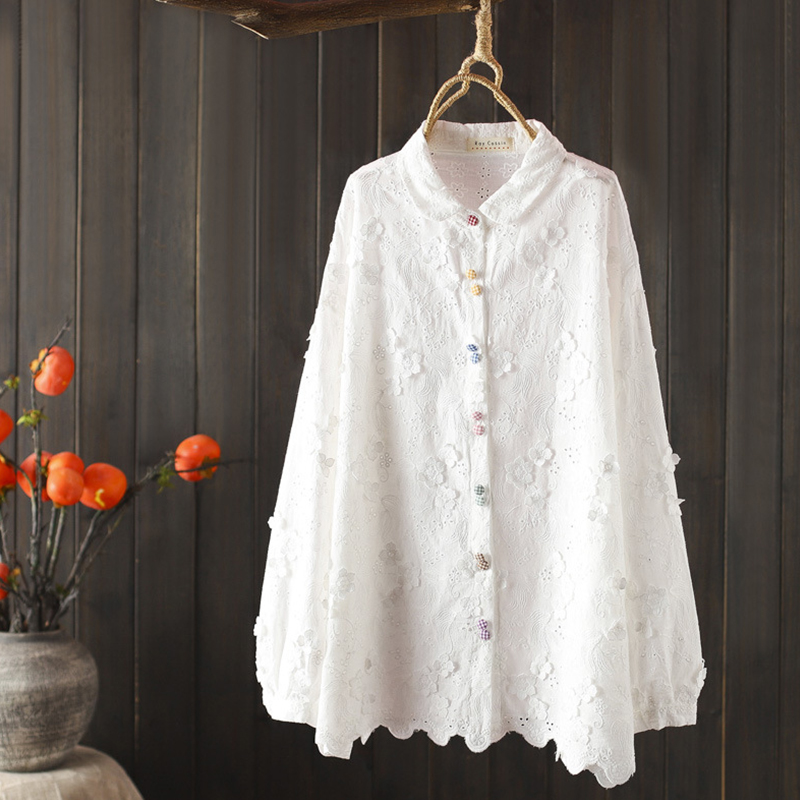 Embroidery Cotton Shirt - Primavera outono botões coloridos blusa de