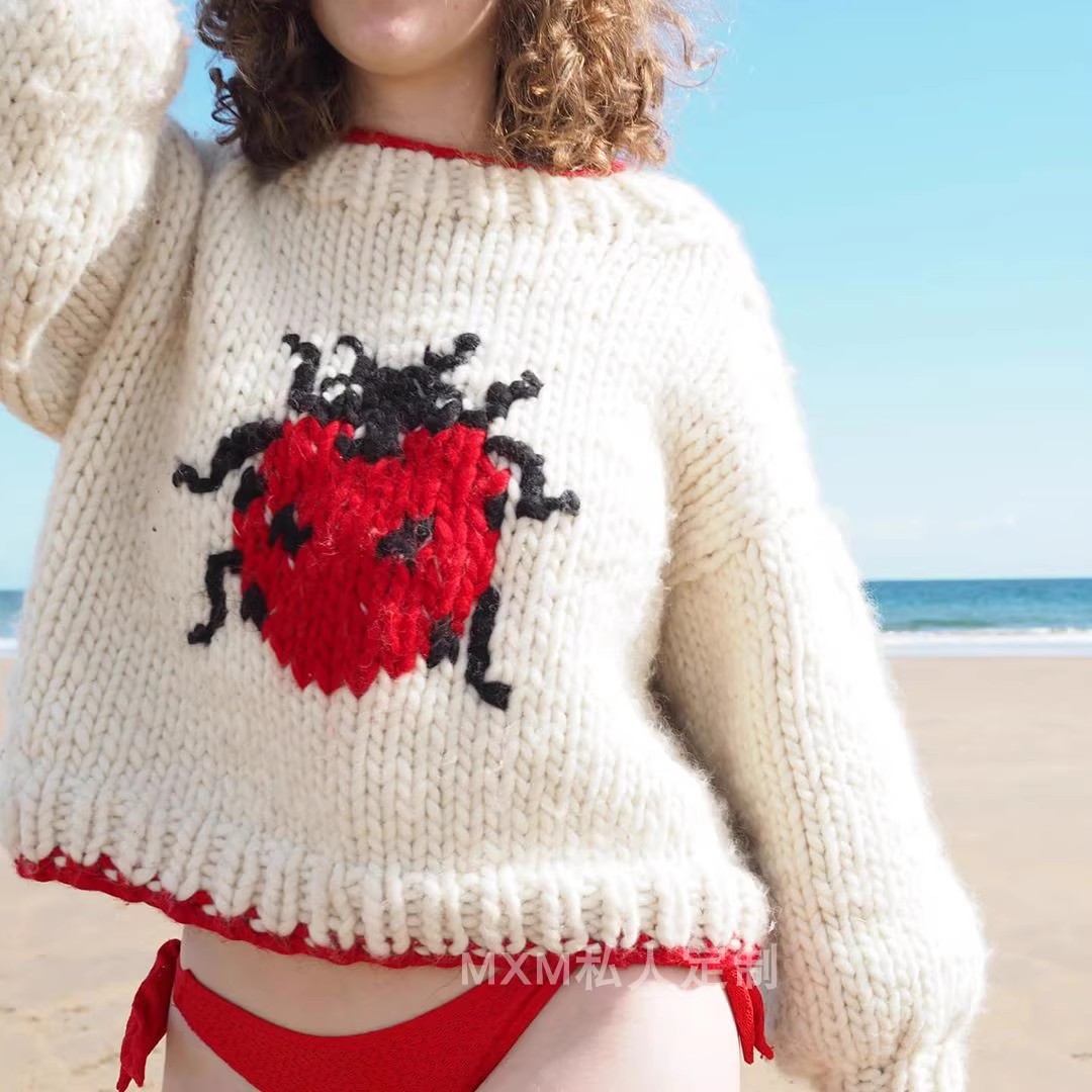 Suéter de Lã Pura Tricotado à  - Embroidery Lady Bug avaliação e preço